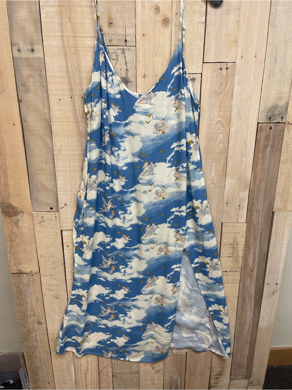 Reformation Blue and Cream Slip Midi Dress with Cloud & Cherub Motif